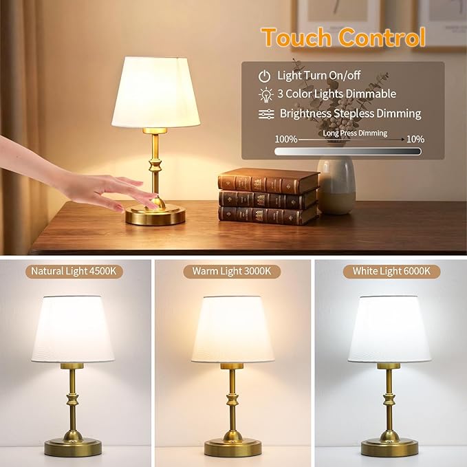 Portables Cordless Table Lamp Set of 2,LED Fabric Shade DeskLamp,Rechargeable Battery Operated，Lighting for Bedroom, Bedside,Bar,Living Room, Dining Room, Night Light (Brass)