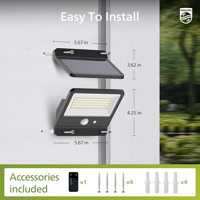 Philips Solar Security Light Outdoor LED 6500K, Solar-Powered Flood Light w/PIR Motion Sensor, Remote Control w/16ft Cable, IP65 Waterproof, 3 Modes (1)