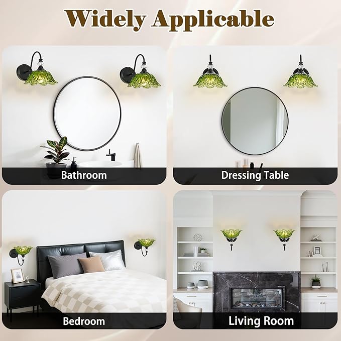 1 Piece Black Wall Sconce with Floral Green Glass Shade, Black Farmhouse Wall Mount Lighting for Bathroom,Vintage Bathroom Vanity Light Fixture