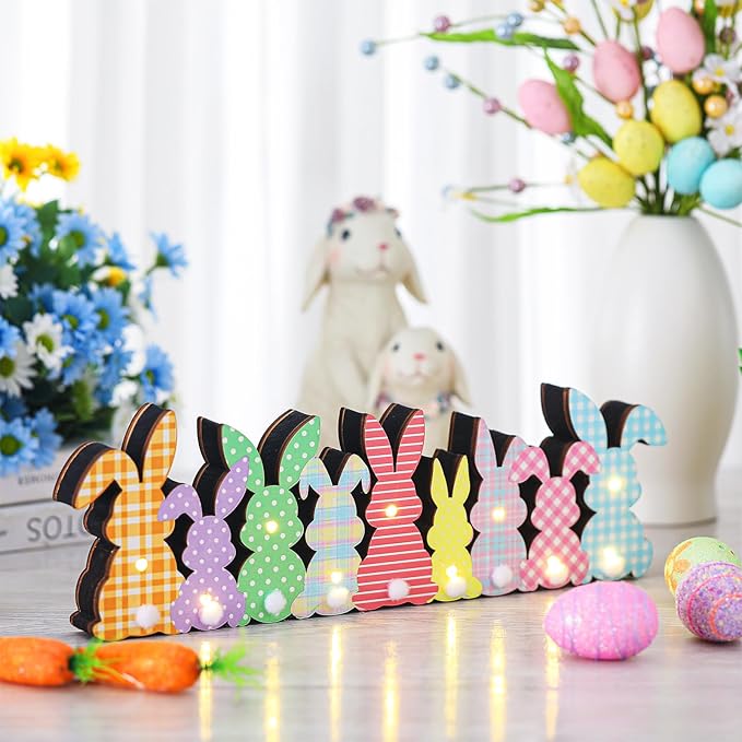 Yousoontic Easter Decorations, Bunny Easter Decor for Table with LED Lights Wood Bunny Table Centerpieces with Plush Tail 3D Block Rabbit Sign Farmhouse Decor for Spring Home Mantel Desk Office Party