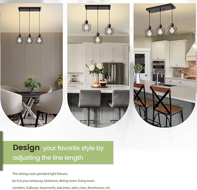 3-Light Hanging Pendant Light Fixtures, Farmhouse Kitchen Island Light Fixture, Industrial Hanging Pendant Lighting for Dining Room Bedroom Hallway, Black Metal Cage Pendant Lamp, E26 Base