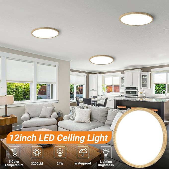 slochi 2Pack LED Flush Mount Ceiling Light Fixture, 12 Inch 24W, 3200LM, Super Slim 0.7 Inch, 3000K-6500K Adjustable Low Profile LED Ceiling Lights for Bedroom, Kitchen, Hallway(Wood)
