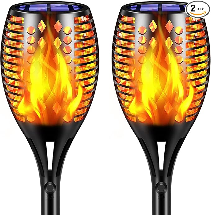TomCare Solar Lights, 43" Waterproof Flickering Flames 96 LED Torches Outdoor Landscape Decoration Lighting Auto On/Off Pathway Lights for Garden Patio Yard, Black(2)