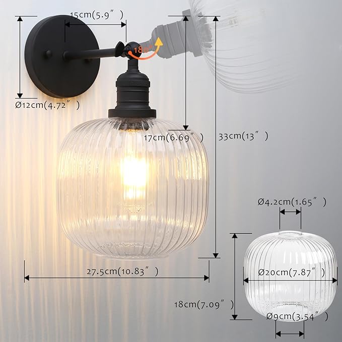 Pathson Modern Wall Sconce Lamp Clear Striped Round Glass, Hardwired Vintage Wall Vanity Light Fixture for Farmhouse Living Room Bedroom Bathroom Loft