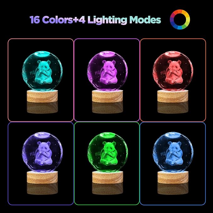 3D Panda Crystal Ball Night Light with 16 Color LED Wooden Base 3.15 Inch Glass Ball Lamps with Remote for Birthday Christmas Cute Panda Gifts for Lovers Boys Girls Friend (Upgraded)