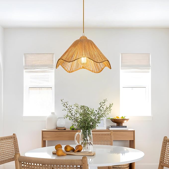 12.4" Wave Rattan Chandelier Pendant Lights Kitchen Island,Farmhouse Boho Chandeliers Adjustable Height Hanging lamp for Dining Room,Kitchen Ceiling Light Fixtures Hand Woven Wicker Lampshade
