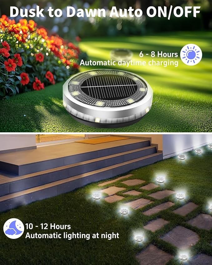 Solar Ground Lights Outdoor 12 Pack Waterproof Upgraded Flat Solar Garden Lights with 4 Side Light Stainless Steel Solar Powered Disc Light for Walkway Pathway Landscape Lawn Yard - Cool White