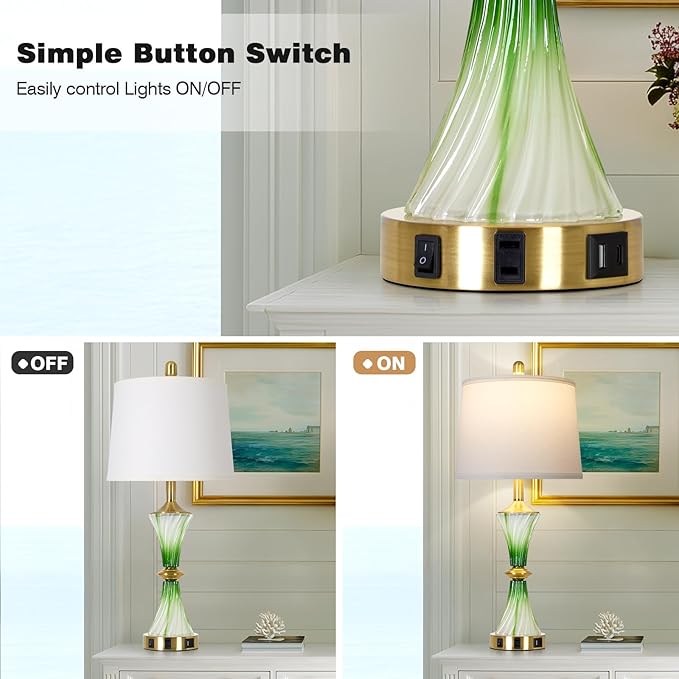 Green Glass Table Lamp Set of 2 with USB C+A Ports & AC Outlet, Bedside Lamp, Modern Bedroom Lamps, Coastal Lamp for Night Stands Bedroom Living Room,Nightstand Lamp LED Bulbs Included