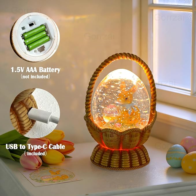 Easter Snow Globe Lantern Bunny Easter Decorations for Home with Timer Swirling Glitter, Lighted Indoor Decor Gifts with Basket Eggs, USB or Battery Operated