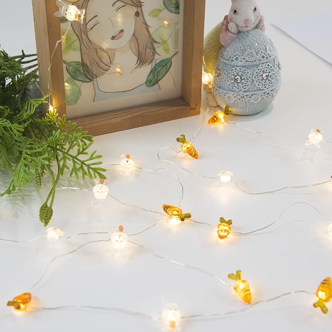 EAMBRITE Set of 2 Easter Lights for Easter Decorations 10Ft 60 LED Easter Fairy Lights Eggs Chick & Carrot Bunny String Lights Battery Operated Set with Timer for Spring Indoor Decor Home Party Tree