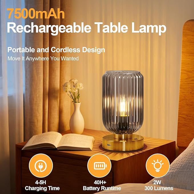 LigthRound Touch Table Lamp for Bedroom, Cordless Bedside Small Table Lamp, Dimmable Rechargeable Battery Operated Lamp for Nightstand, Bedside, Living Room, Desk, LED Bulb Included