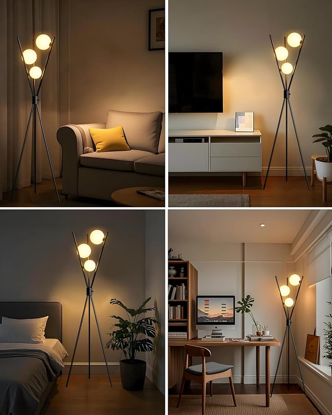 Lightdot 60IN Dimmable Black Tripod Floor Lamp, Mid Century Standing Lamps with 3 Globe Soft Warm White Eye Care 3000K Bulbs Included, Modern Tall Lamp for Living Room/Bedroom/Sofa Beside/Corner Decor
