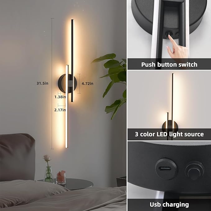 Rechargeable Battery Operated Wall Sconce Set Of Two, Black Wireless LED Wall Sconces With Remote Control, Dimmable 3 Colors Cordless wall lights for Living Room, bedroom, Hallway, 31.4 Inch ( 2pcs)