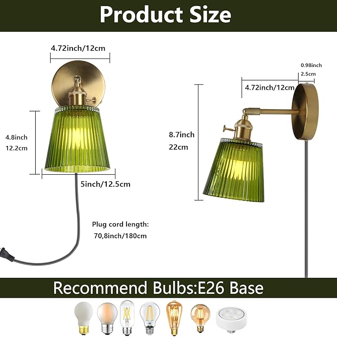 HuisMier Plug in Wall Sconces, Vintage Green Stripe Glass Lampshade Wall Lighting Fixture with On/Off Switch, Brass Wall Sconce for Bedroom Bathroom Living Room Hallway, Plug in