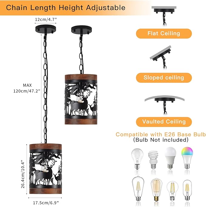 Rustic Deer Pendant Light, 1-Light Farmhouse Wood and Metal Cage Chandelier, Adjustable Hanging Ceiling Fixture for Kitchen Island, Hallway, Bar, Dining Room, Foyer, or Bedroom, (No Bulb Included)