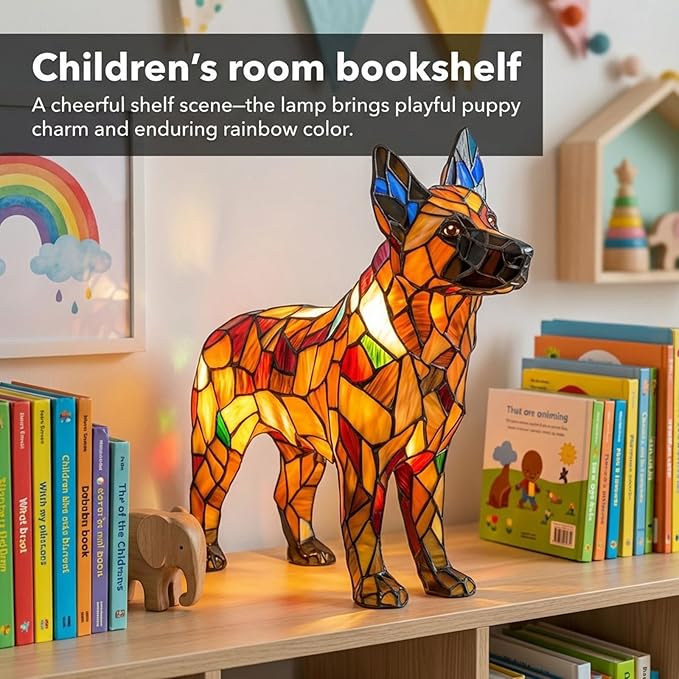 Rainbow Puppy Lamp Stained Glass Dog Night Light 3D Retro Stained Resin Rainbow Pup Lights Charge Powered Table Lamp Puppy Glow Lamps for Home Bedroom Desk (D)