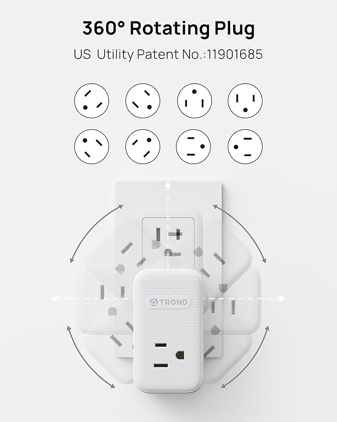 TROND Outlet Extender with 360 Rotating Plug, 3 AC Outlet Splitter with 2 PD 20W USB C Charger, USB Wall Plug Adapter, A Small Charging Station for Kitchen Bathroom Cruise Ship Travel Essentials
