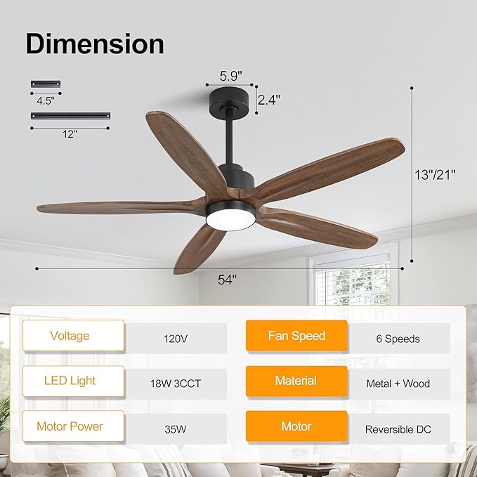 WINGBO 54" Ceiling Fan with Light - 5 Carved Solid Wood Blades, 6-Speed Reversible DC Motor, Dimmable, 3CCT, Noiseless Remote Control Ceiling Fans with Lights for Bedroom Living Room, Black and Wood