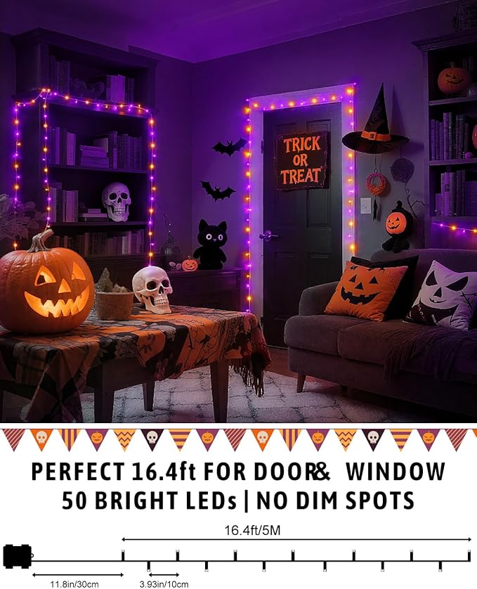 Halloween String Lights Battery Operated, Orange and Purple Fairy Lights with Timer Waterproof 16.4ft 50 LED Halloween Decorations for Outdoor Indoor Patio Party Garden Yard Decor 2 Packs