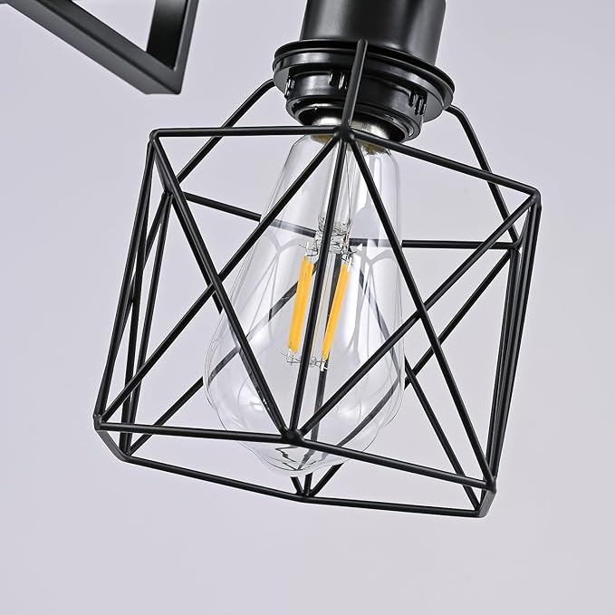 5-Light Modern Farmhouse Island Lighting, Adjustable Height Black Rustic Chandelier with Matte Black Geometric Shade, E26 Base Hanging Light for Dining Room Over Table