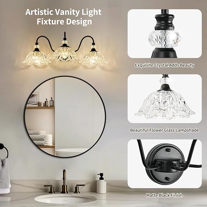 Black Bathroom Vanity Light,3-Light Vanity Light with Crystal Glass Shades,Vintage Farmhouse Vanity Lighting for Bathroom and Dressing Table
