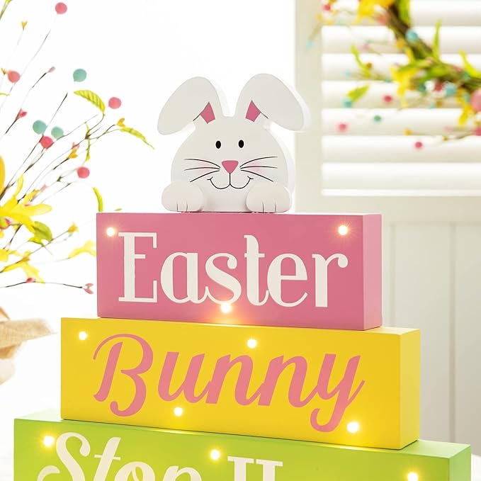 Glitzhome LED Lighted Wooden Easter Block Table Sign Easter Bunny Table Decor with Saying for Spring Easter Party Supplies Props