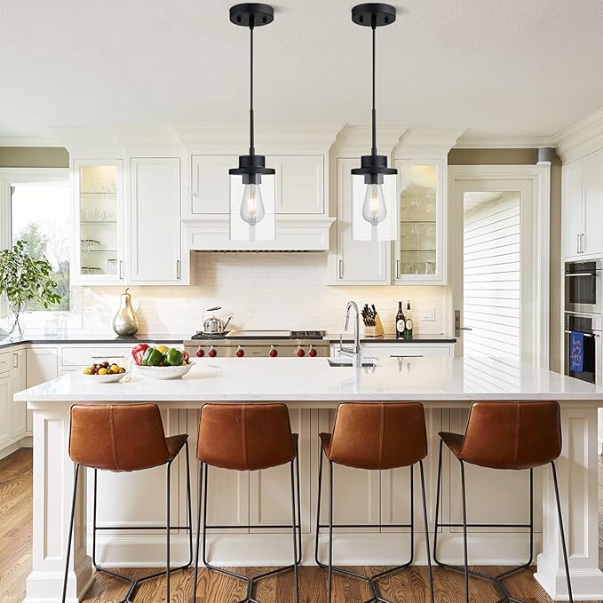 Modern Black Farmhouse Clear Glass Cylinder Pendant Light Fixture, Single Hanging Pendant Lighting for Kitchen Island, Dining Room, Foyer & Hallway(2 Packs)