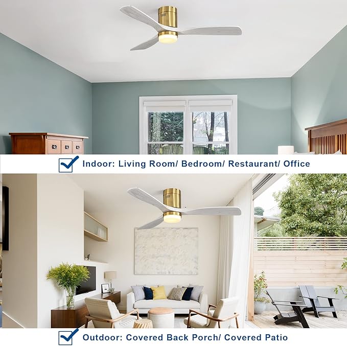 52" Flush Mount Ceiling Fans with Lights Remote Control,Dimmable LED, Indoor Outdoor for Bedroom,Patios Noiseless DC Motor,Golden Body