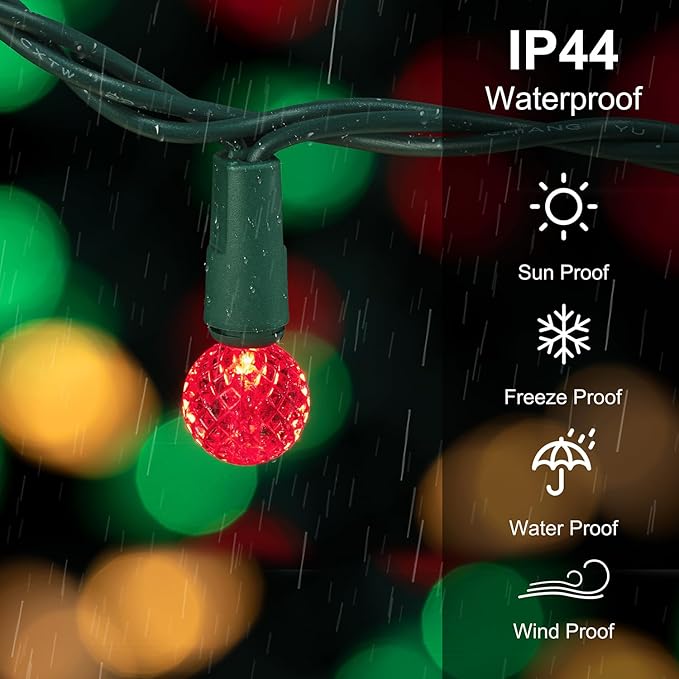 BOHON Red White and Green Christmas Lights Outdoor Faceted G15 50 LED 17ft Plug in Mini Globe String Lights Warm Waterproof Extendable Green Wire for Indoor Patio Xmas Thanksgiving Tree Decoration