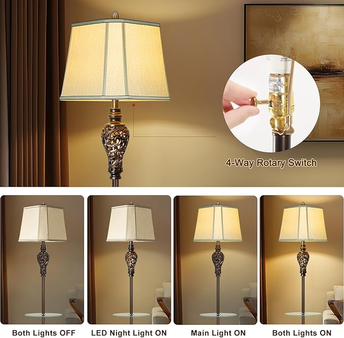 Rustic Floor Lamp for Living Room with Nightlight and Glass Tray, Vintage Standing Lamp with Beige Faux Silk Shade, Farmhouse Tall Lamp for Bedroom Study Home Office Hotel Bar - Brown (Bulb Included)