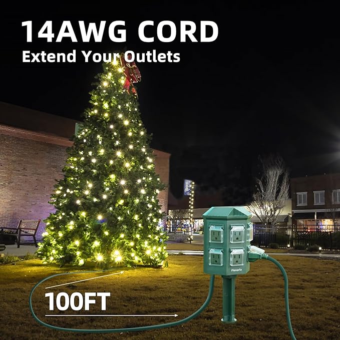 Outdoor Power Strip Waterproof, 100 FT Extension Cord, 6 Grounded Outlets for Halloween/Christmas Decorations and Inflatables, 15A/1875W, ETL Listed