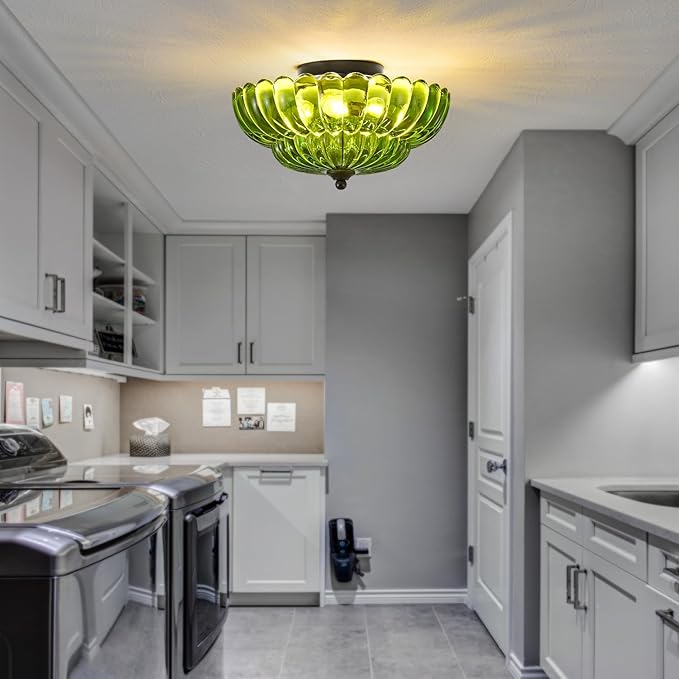 Modern Black Ceiling Light Fixture, 12" Green Glass Flush Mount Chandeliers, Semi Flush Mount Ceiling Light Fixture Suitable for Living Room Hallway Kitchen Bedroom