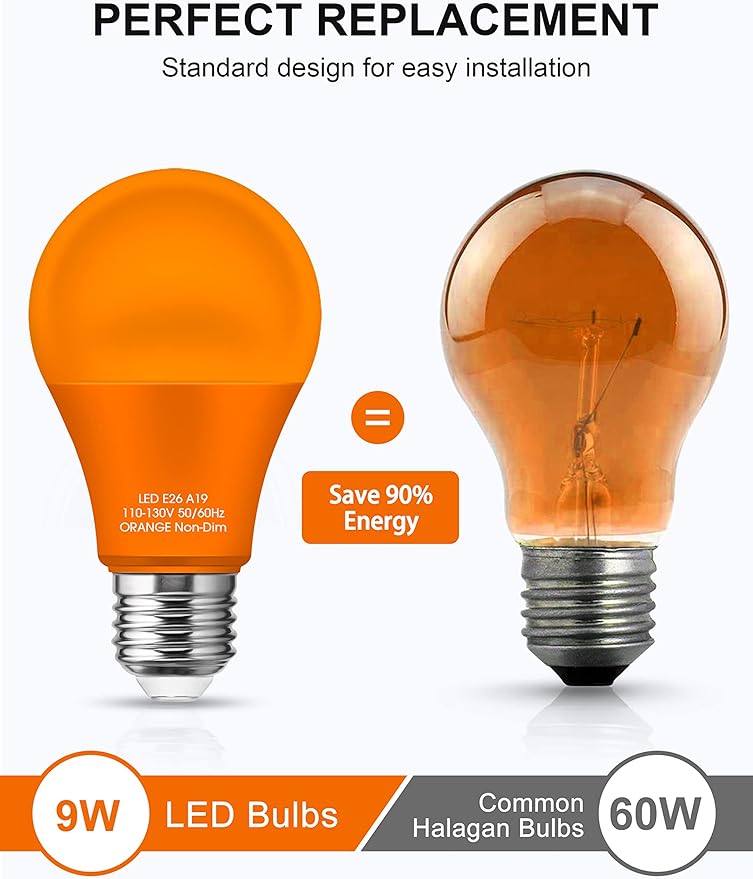 Orange Light Bulbs [ 4 Pack ] A19 Halloween Light Bulbs LED Orange Bulb Outdoor 9W (60 Watt Equivalent) - E26 Colored Light Bulb for Porch Light Christmas Party Home Holiday Decorative Illumination