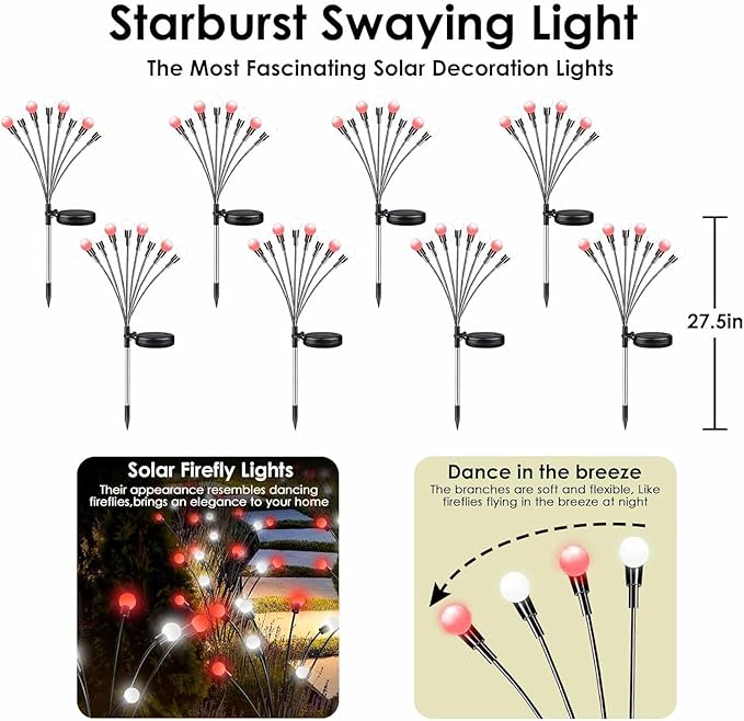 OZS 6Pack Total 48LED Solar Garden Lights Christmas Fairy Outdoor - Solar Firefly Lights Fairy Outdoor, Sway by Wind, Waterproof for Pathway Patio Yard Christmas Decorations(Red&White)