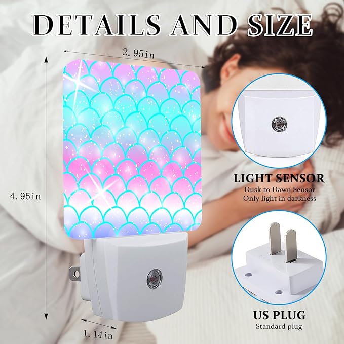 Pink Mermaid Fish Night Light, Plug-into Wall Colourful Scale Wave Nightlight Lamp with Dusk to Dawn Sensor, Led Lamp 0.5W Energy Efficient for Boys Girls Adults Home Decor
