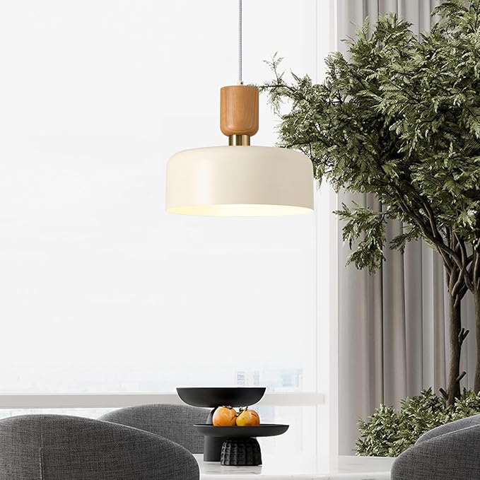 Modern Pendant Lighting,12 inch,Natural Wood and Brass Accent,Adjustable Pendant Light Fixtures for Kitchen Island,Dining Room,Soft Cream