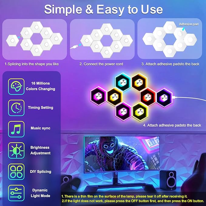10 Pack Hexagon Lights Wall RGBW Panel - Hexagonal Led Lights Room Decor Wall Lights，with Smart APP Music Sync Honeycomb Shape Panels Hexagon for Gaming Lights Bedroom Children Decor