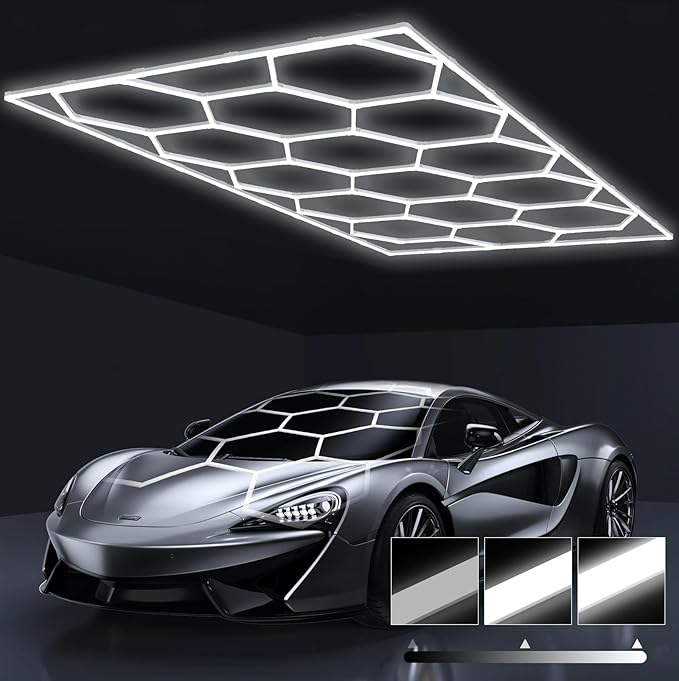 HYPERLITE Gen 2 Hexagon Garage Light, Upgraded 3 Level Dimmable 624W 62400LM Super Bright Garage Detailing Lights, 15 Grids with Rectangle Frame Shop Light, Hexagon LED Lights for Gym