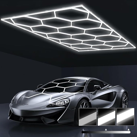 HYPERLITE Gen 2 Hexagon Garage Light, Upgraded 3 Level Dimmable 624W 62400LM Super Bright Garage Detailing Lights, 15 Grids with Rectangle Frame Shop Light, Hexagon LED Lights for Gym