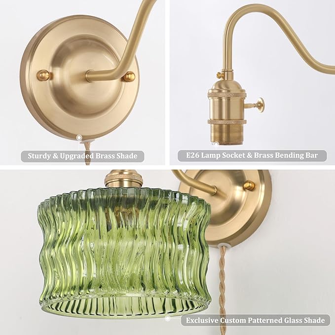 Plug in Wall Sconce Set of 2, Gold Vintage Wall Decor Lights with Green Ripple Glass Shade, Indoor Brass Corded Wall Lamp Fixture for Bedroom Living Room Bathroom Hallway