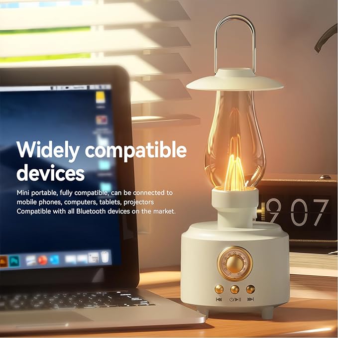AVEKI Vintage Kerosene Table Lamp with Bluetooth Speaker, Infinitely Dimmable Rechargeable LED Lights for Bedroom, IPX4 Waterproof Bedside Lamps for Camping Party Holiday Home Decor Gift (White)
