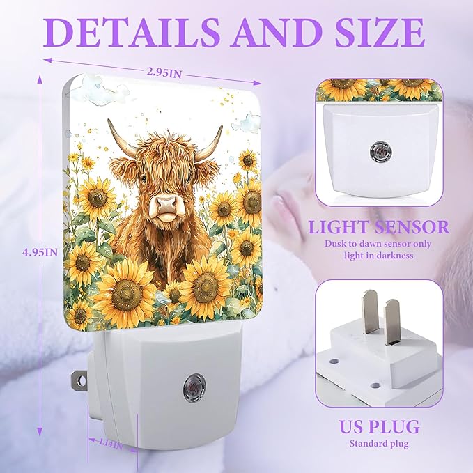 Highland Cow Night Light,Sunflower Night Lights Plug into Wall,Led Lamp for Stairway/Hallway/Bedroom 0.5W Nightlight Sleep Friendly