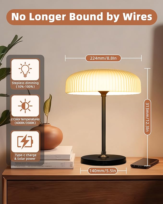 Cordless Table Lamp: Portable Rechargeable Waterproof Lamp for Shower Bathroom Kitchen Counter Outdoor Patio - Aesthetic Mushroom Design, Gifts for Women Mom, Battery Operated, USB & Solar Powered