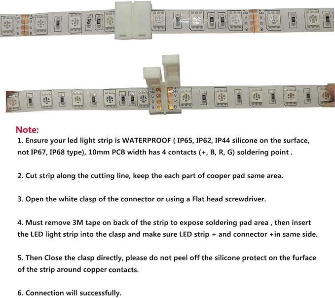 LED Strip Solderless Connector Adaptor for 10mm Wide 5050 RGB Waterproof Led Strip Light (4 Pin RGB Strip Connector), Pack of 10