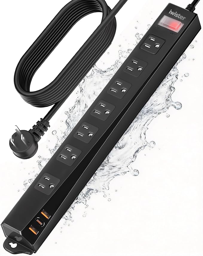 Outdoor Power Strip Weatherproof IPX6,1625W/13A 15 Ft Extension Cord with Multiple Outlets,7 AC & 3 USB, Wall Mount for Camping,Poolside,Garden,Workshop,Black
