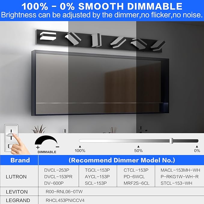 SOLFART Black Vanity Light,Modern LED 6 Light Bathroom Lighting Fixture，Dimmable Vanity Lights for Mirror Cool Light 6000K