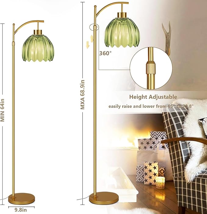 Glass Floor Lamp for Living Room,Bedroom,Gold Mid Century Modern Standing Lamp with Remote,Dimmable Brass Tall Lamp Vintage Tulip Green Arc Flower Floor Light Boho Bohemian