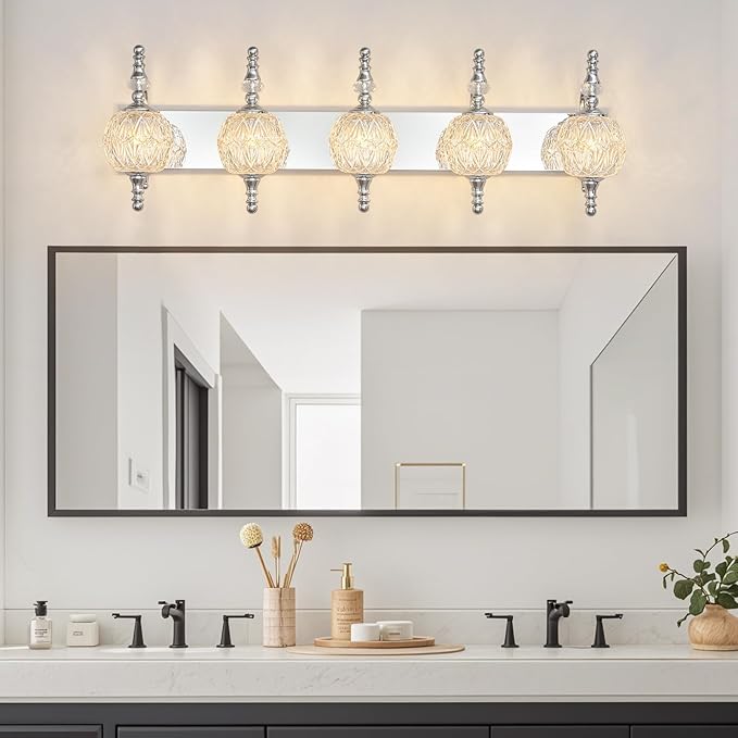 Modern Crystal Bathroom Vanity Lights Fixtures Over Mirror Chrome Vintage 5-Lights 36 Inch Bathroom Light Fixtures Glass Crystal Vanity Lights