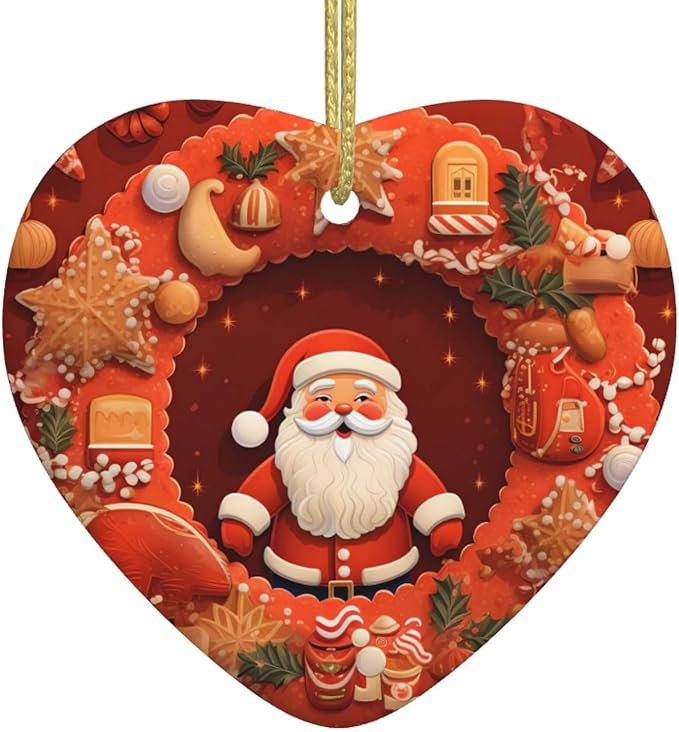 Christmas Wreath Santa Claus Cookies Christmas Ornaments, Christmas Decorations Xmas Tree Hanging Ornaments, Heart-Shaped Ceramic Festive Keepsake Gift for Christmas Decorations Holiday Home Party