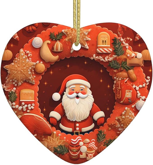Christmas Wreath Santa Claus Cookies Christmas Ornaments, Christmas Decorations Xmas Tree Hanging Ornaments, Heart-Shaped Ceramic Festive Keepsake Gift for Christmas Decorations Holiday Home Party